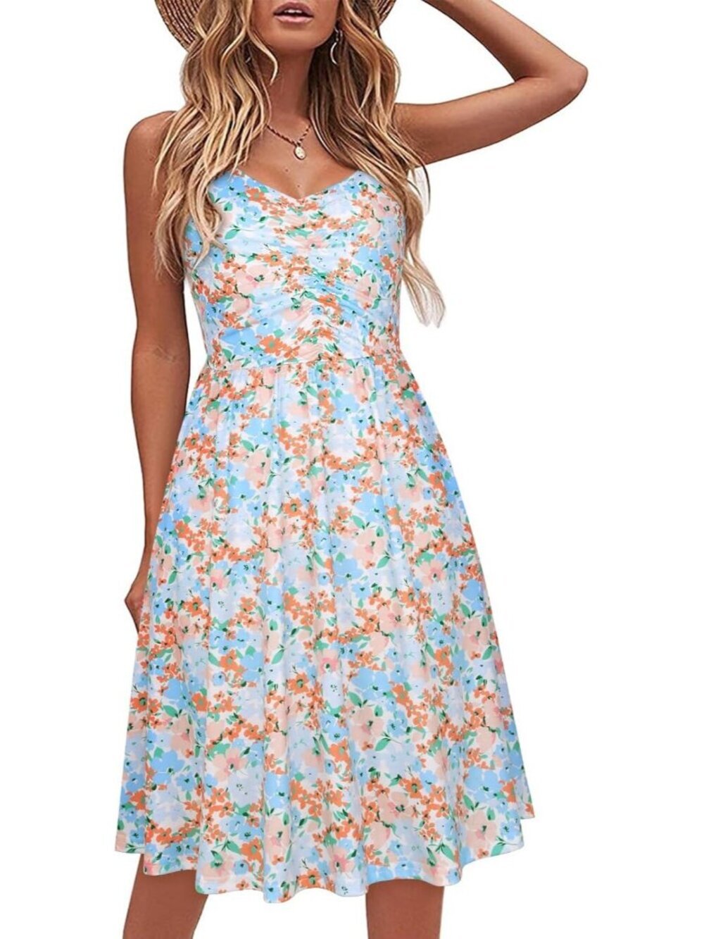 Women's Pink B Floral Sleeveless V Neck A LINE Spaghetti Pockets MIDI Dress